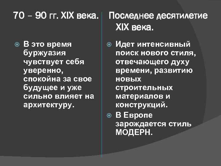 70 – 90 гг. XIX века. В это время буржуазия чувствует себя уверенно, спокойна