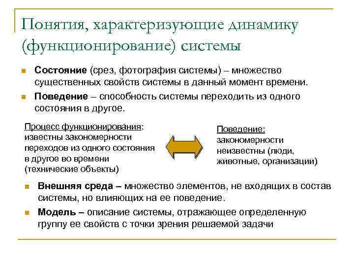 Понятия, характеризующие динамику (функционирование) системы n n Состояние (срез, фотография системы) – множество существенных
