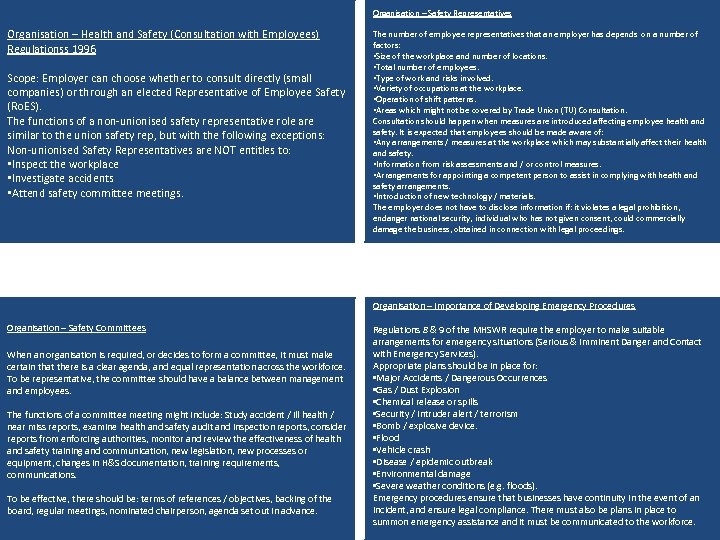 Organisation – Safety Representatives Organisation – Health and Safety (Consultation with Employees) Regulationss 1996