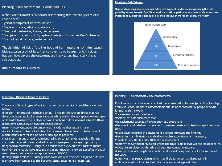 Planning – Birds Triangle Planning - Risk Assessment – Hazard and Risk Definition of
