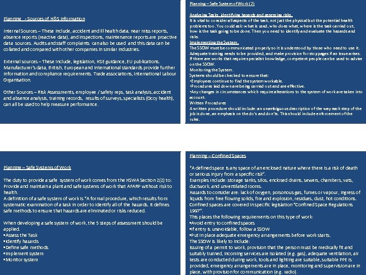Planning – Safe System of Work (2) Planning - Sources of H&S information Internal