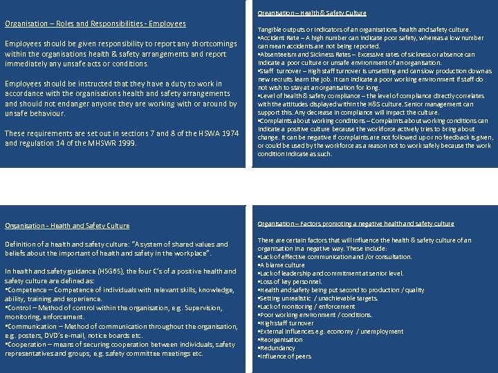 Organisation – Health & Safety Culture Organisation – Roles and Responsibilities - Employees should