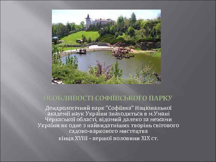 ОСОБЛИВОСТІ СОФІЇВСЬКОГО ПАРКУ Дендрологічний парк 