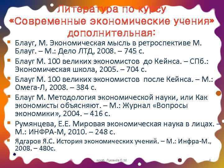 Литература по курсу «Современные экономические учения» дополнительная: § Блауг, М. Экономическая мысль в ретроспективе