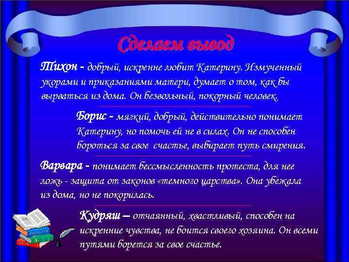 Сделаем вывод Тихон - добрый, искренне любит Катерину. Измученный укорами и приказаниями матери, думает