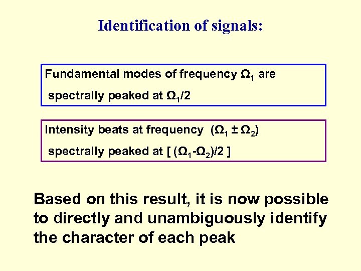 Identification of signals: Fundamental modes of frequency Ω 1 are spectrally peaked at Ω