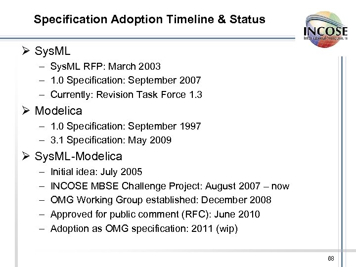 Specification Adoption Timeline & Status Ø Sys. ML – Sys. ML RFP: March 2003