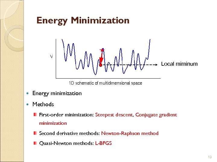 Energy Minimization Local miminum Energy minimization Methods First-order minimization: Steepest descent, Conjugate gradient minimization