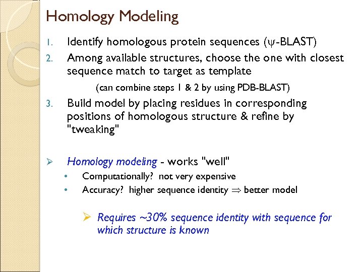 Homology Modeling 1. 2. Identify homologous protein sequences ( -BLAST) Among available structures, choose