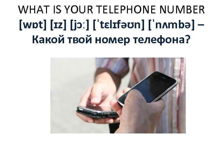 WHAT IS YOUR TELEPHONE NUMBER [wɒt] [ɪz] [jɔː] [ˈtɛlɪfəʊn] [ˈnʌmbə] – Какой твой номер