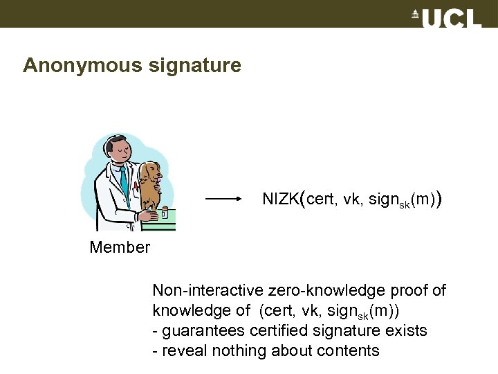Anonymous signature NIZK(cert, vk, signsk(m)) Member Non-interactive zero-knowledge proof of knowledge of (cert, vk,
