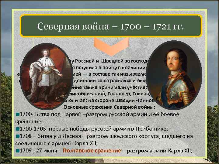 Северная война – 1700 – 1721 гг. Это война между Россией и Швецией за