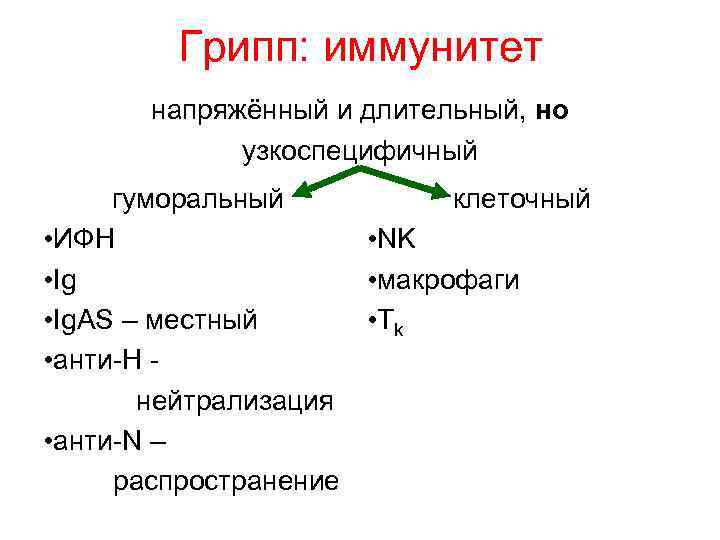 Грипп: иммунитет напряжённый и длительный, но узкоспецифичный гуморальный клеточный • ИФН • NK •