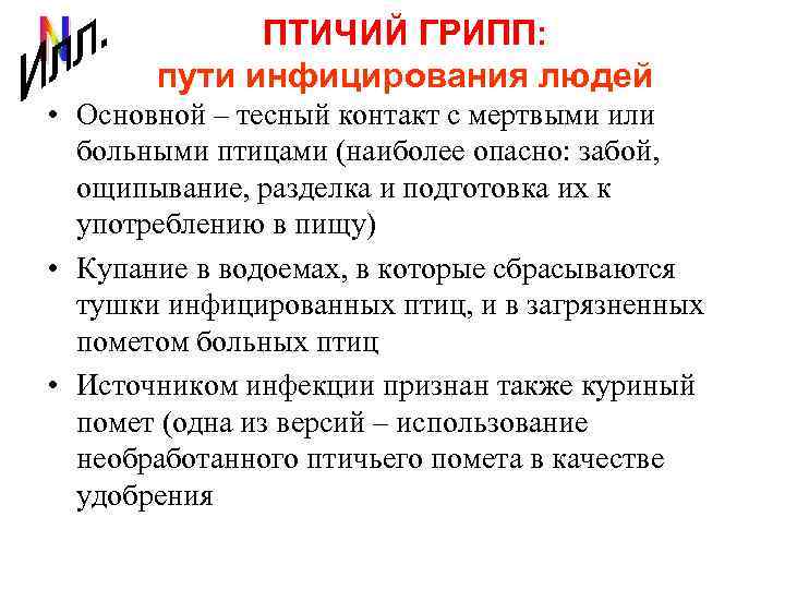 ПТИЧИЙ ГРИПП: пути инфицирования людей • Основной – тесный контакт с мертвыми или больными