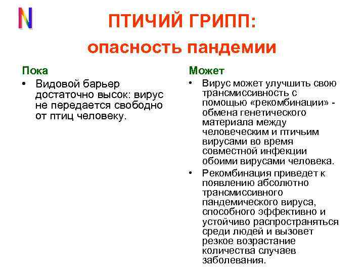 ПТИЧИЙ ГРИПП: опасность пандемии Пока • Видовой барьер достаточно высок: вирус не передается свободно