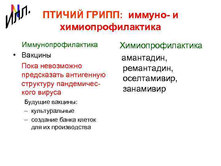 ПТИЧИЙ ГРИПП: иммуно- и химиопрофилактика Иммунопрофилактика • Вакцины Пока невозможно предсказать антигенную структуру пандемического