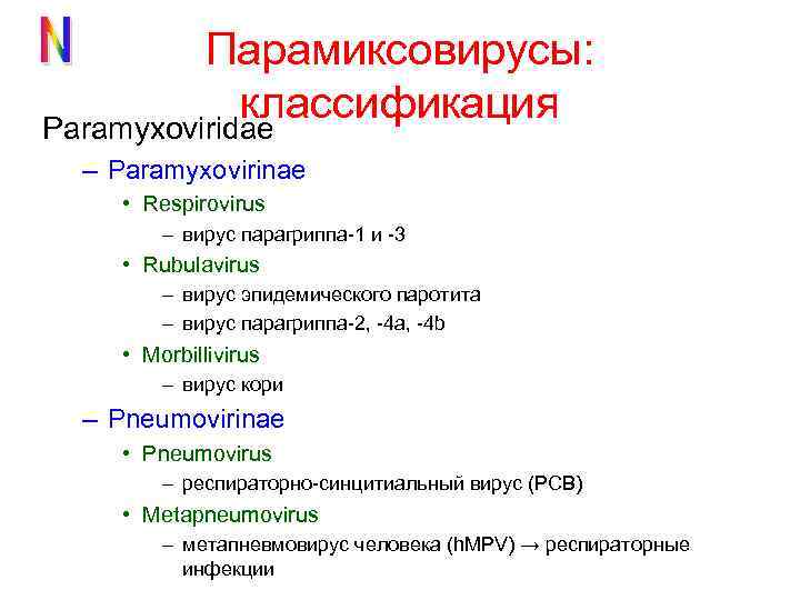 Парамиксовирусы: классификация Paramyxoviridae – Paramyxovirinae • Respirovirus – вирус парагриппа-1 и -3 • Rubulavirus