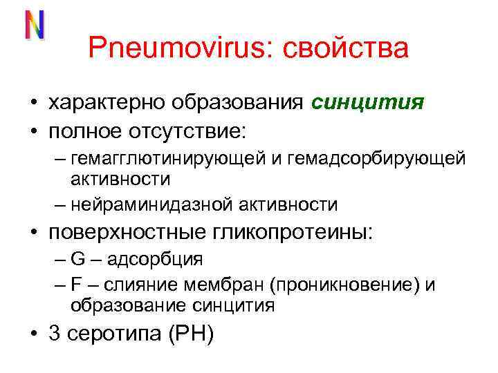 Pneumovirus: свойства • характерно образования синцития • полное отсутствие: – гемагглютинирующей и гемадсорбирующей активности