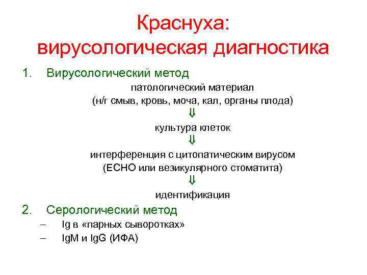 Краснуха: вирусологическая диагностика 1. Вирусологический метод патологический материал (н/г смыв, кровь, моча, кал, органы