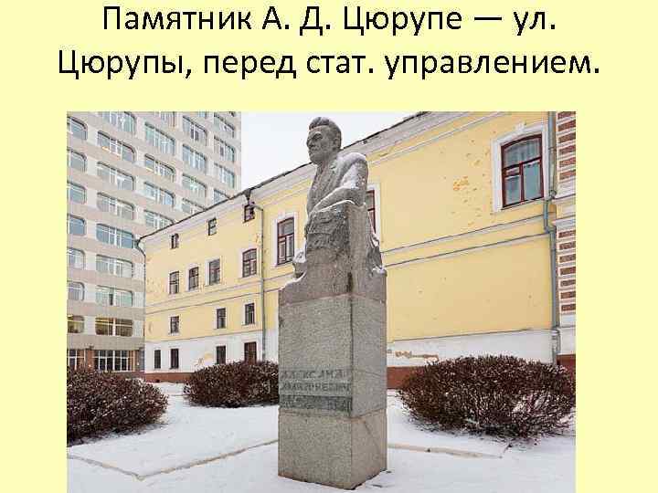 Памятник А. Д. Цюрупе — ул. Цюрупы, перед стат. управлением. 