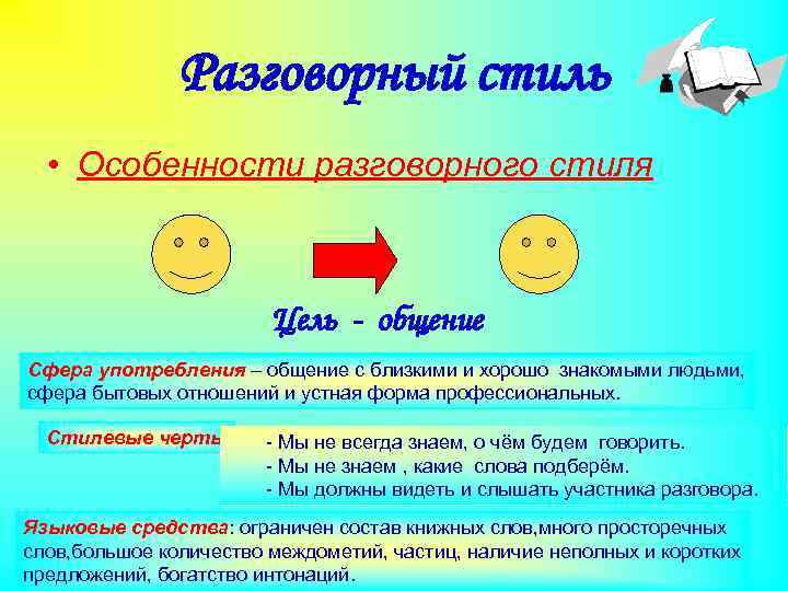 Разговорный стиль • Особенности разговорного стиля Цель - общение Cфера употребления – общение с