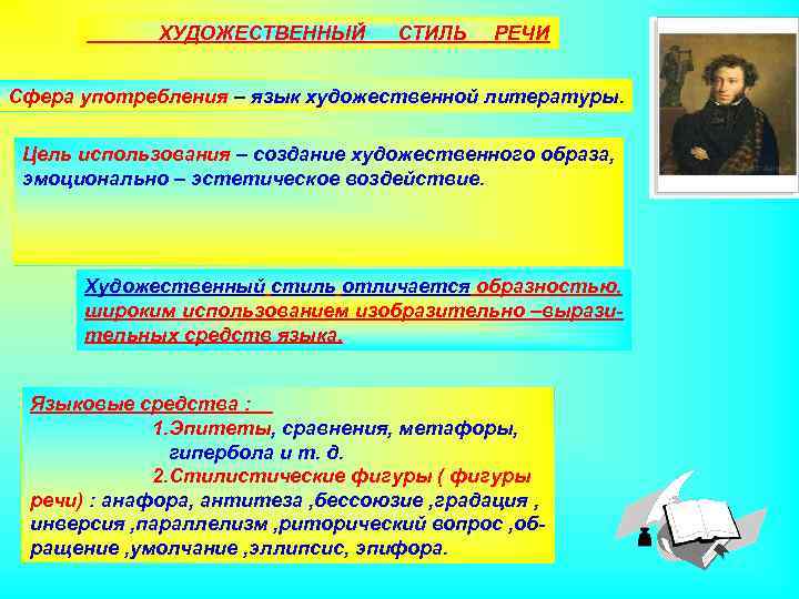 ХУДОЖЕСТВЕННЫЙ СТИЛЬ РЕЧИ Сфера употребления – язык художественной литературы. Цель использования – создание художественного