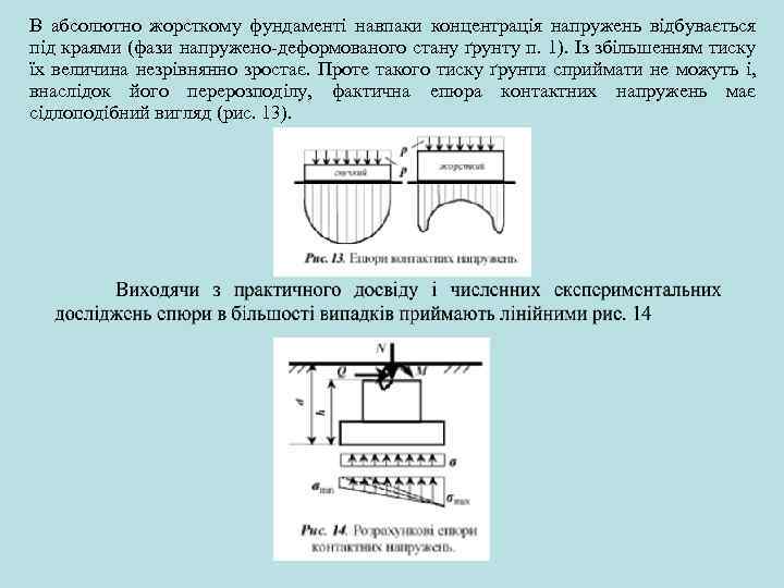 В абсолютно жорсткому фундаменті навпаки концентрація напружень відбувається під краями (фази напружено деформованого стану