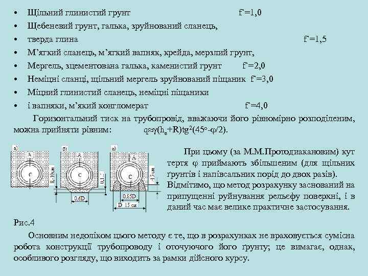  • Щільний глинистий грунт f`=1, 0 • Щебеневий грунт, галька, зруйнований сланець, •