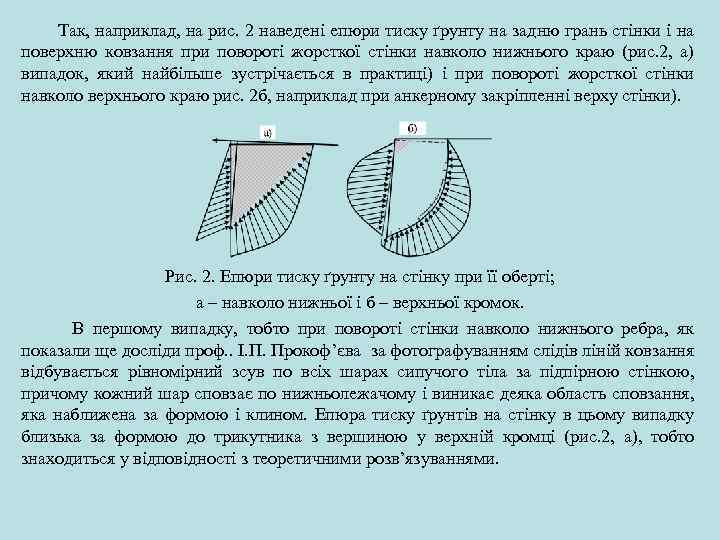  Так, наприклад, на рис. 2 наведені епюри тиску ґрунту на задню грань стінки