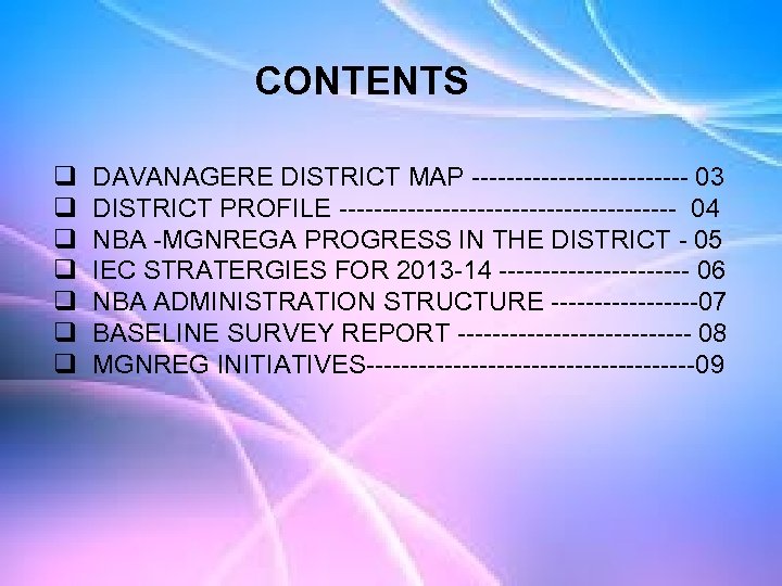 CONTENTS q q q q DAVANAGERE DISTRICT MAP ------------- 03 DISTRICT PROFILE -------------------- 04