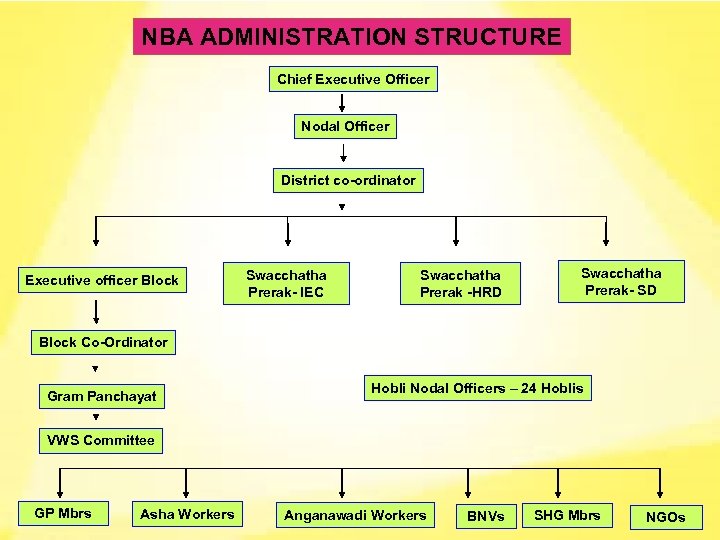 NBA ADMINISTRATION STRUCTURE Chief Executive Officer Nodal Officer District co-ordinator Executive officer Block Swacchatha