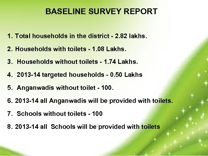 BASELINE SURVEY REPORT 1. Total households in the district - 2. 82 lakhs. 2.