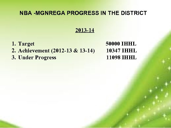 NBA -MGNREGA PROGRESS IN THE DISTRICT 2013 -14 1. Target 2. Achievement (2012 -13