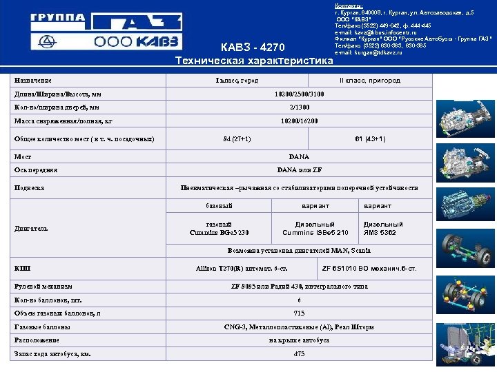 КАВЗ - 4270 Техническая характеристика Назначение Контакты: г. Курган, 640008, г. Курган, ул. Автозаводская,