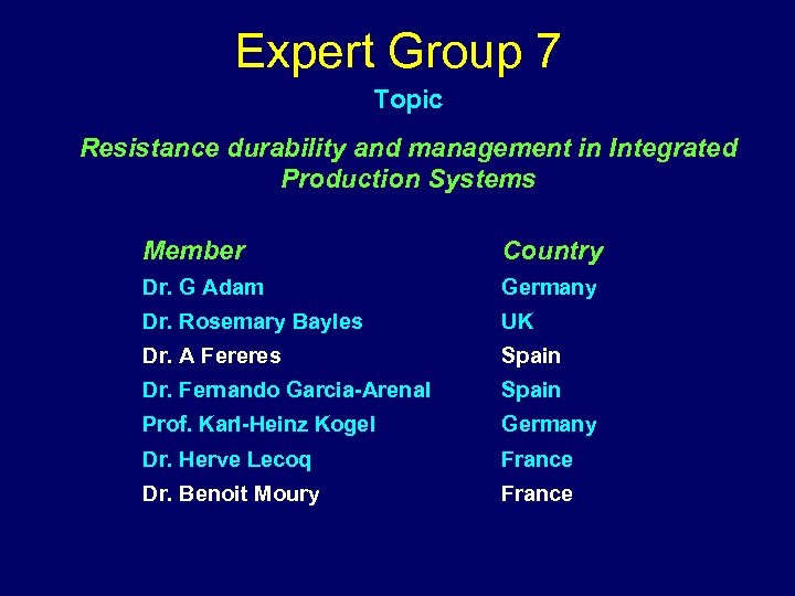 Expert Group 7 Topic Resistance durability and management in Integrated Production Systems Member Country
