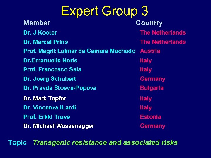 Expert Group 3 Member Country Dr. J Kooter The Netherlands Dr. Marcel Prins The