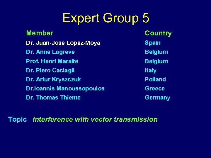 Expert Group 5 Member Country Dr. Juan-Jose Lopez-Moya Spain Dr. Anne Lagreve Belgium Prof.