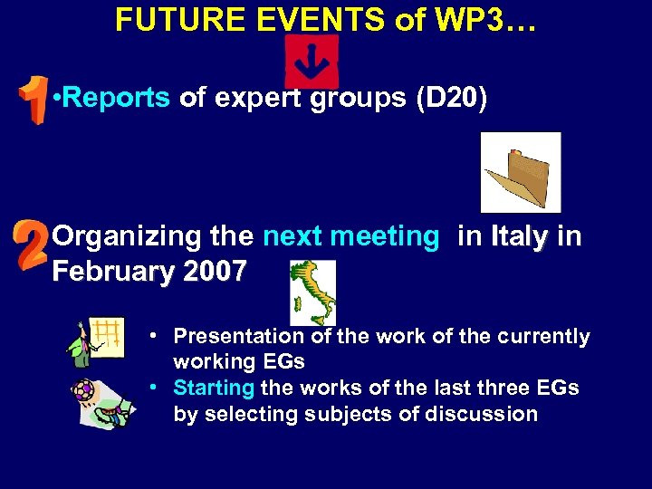 FUTURE EVENTS of WP 3… • Reports of expert groups (D 20) Organizing the
