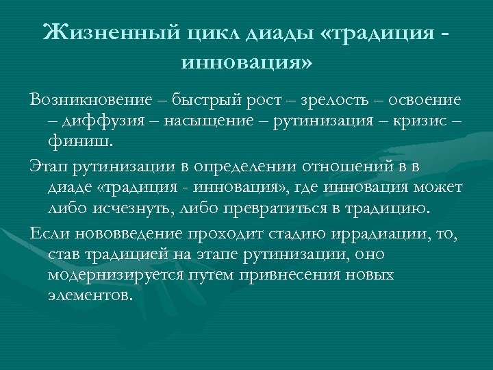 Жизненный цикл диады «традиция инновация» Возникновение – быстрый рост – зрелость – освоение –