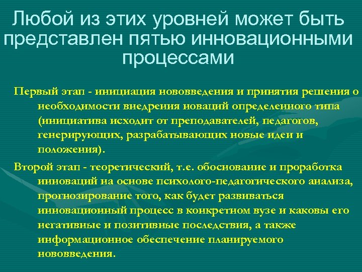 Любой из этих уровней может быть представлен пятью инновационными процессами Первый этап - инициация