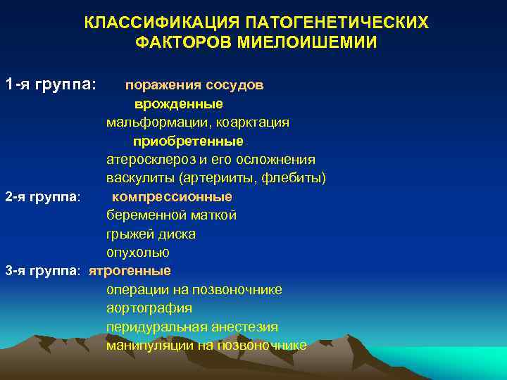 КЛАССИФИКАЦИЯ ПАТОГЕНЕТИЧЕСКИХ ФАКТОРОВ МИЕЛОИШЕМИИ 1 -я группа: поражения сосудов врожденные мальформации, коарктация приобретенные атеросклероз