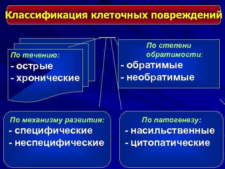 Классификация клеточных повреждений По течению: - острые - хронические По степени обратимости: - обратимые