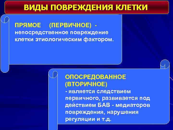 ВИДЫ ПОВРЕЖДЕНИЯ КЛЕТКИ ПРЯМОЕ (ПЕРВИЧНОЕ) непосредственное повреждение клетки этиологическим фактором. ОПОСРЕДОВАННОЕ (ВТОРИЧНОЕ) - является