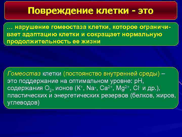 Повреждение клетки - это … нарушение гомеостаза клетки, которое ограничивает адаптацию клетки и сокращает