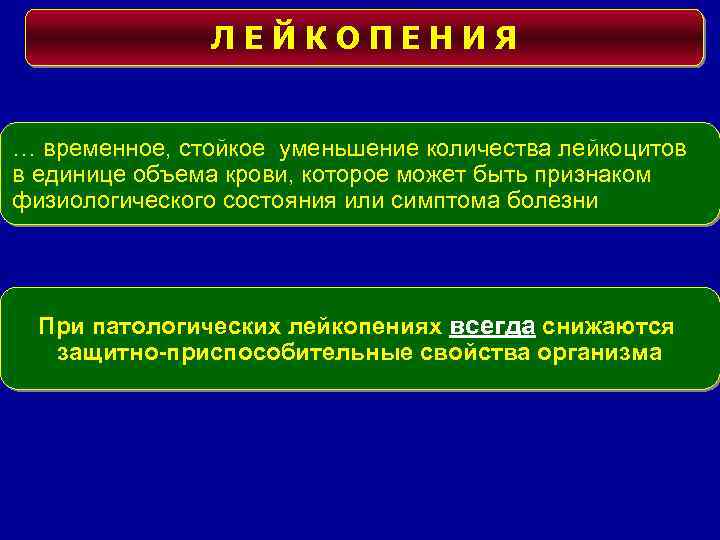 ЛЕЙКОПЕНИЯ … временное, стойкое уменьшение количества лейкоцитов в единице объема крови, которое может быть