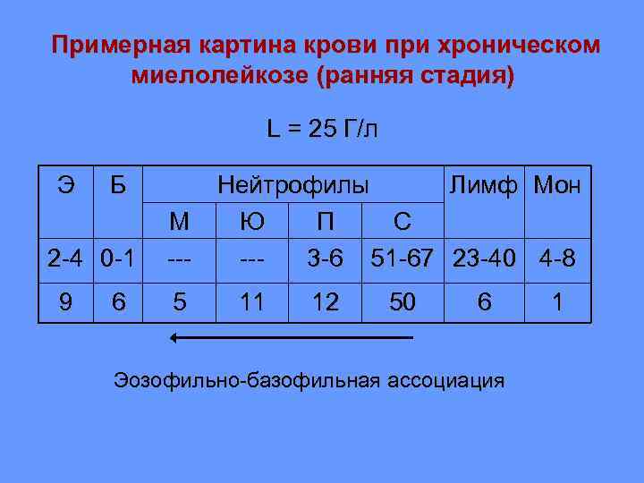 Примерная картина крови при хроническом миелолейкозе (ранняя стадия) L = 25 Г/л Э Б