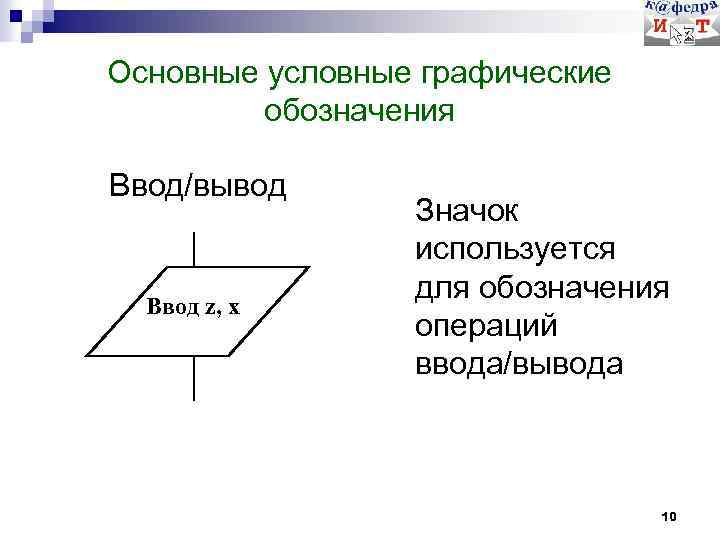 Основные условные графические обозначения Ввод/вывод Ввод z, x Значок используется для обозначения операций ввода/вывода