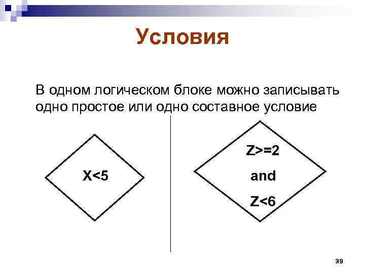 Условия В одном логическом блоке можно записывать одно простое или одно составное условие Z>=2