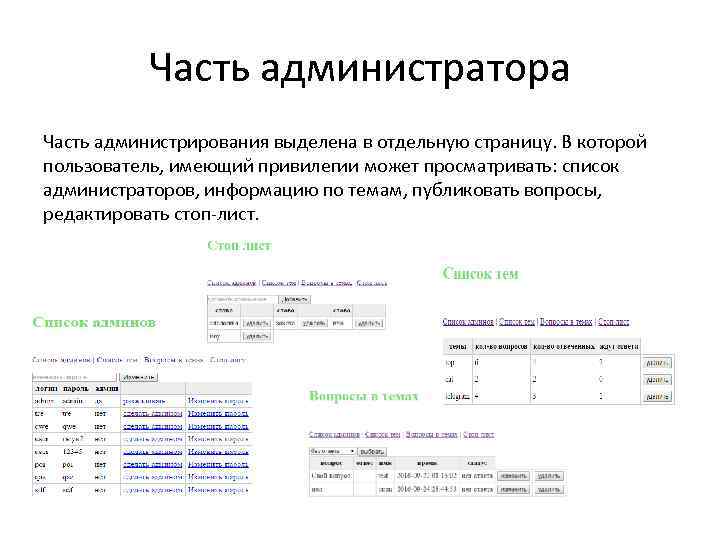 Часть администратора Часть администрирования выделена в отдельную страницу. В которой пользователь, имеющий привилегии может