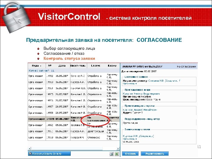Visitor. Control - система контроля посетителей Предварительная заявка на посетителя: СОГЛАСОВАНИЕ Выбор согласующего лица